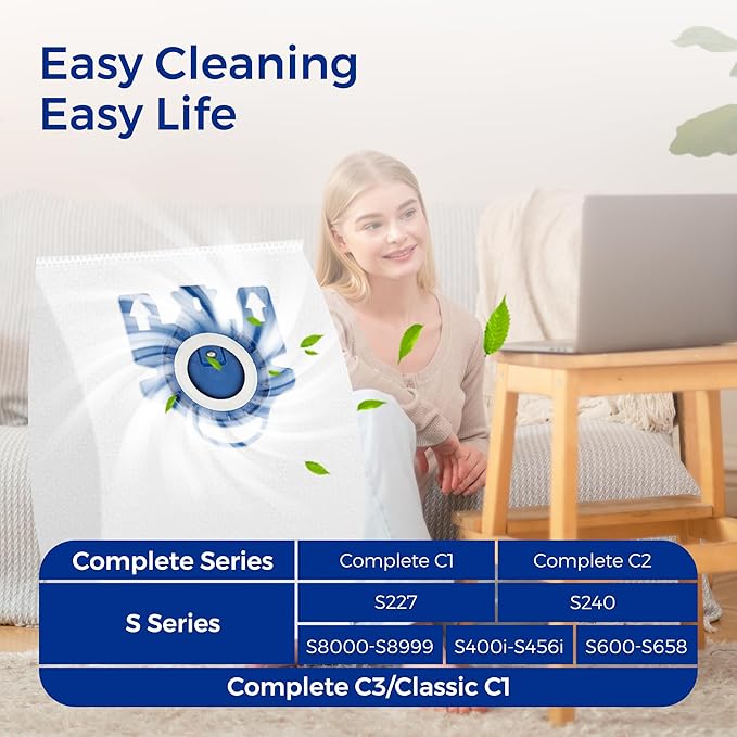 Vacuum Cleaner Bags Fit for Miele Classic C1 Complete C1 C2 C3 S227 S240 S270 S400 S2 S5 S8 Series, Include 6 Packs 3D Efficiency Airclean Bags with 2 Motor Protection Filters and 2 AirClean Filters