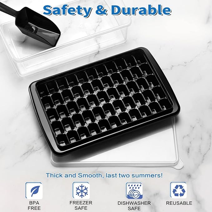 Ice Cube Trays with Lid and Bin for Freezer, Black Easy Release 55 Mini Nugget Ice Tray 2 pack and Bucket for Mini Freezer. Perfect Small Ice for Iced Coffee Cocktails and Ice Crushers, BPA Free.