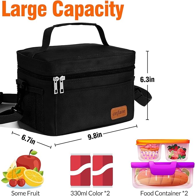 Lunch Bag for Men/Women, Insulated Reusable Lunch Box Leakproof Cooler Tote Bag Freezable with Adjustable Shoulder Strap for Office Work Picnic Beach(Black)