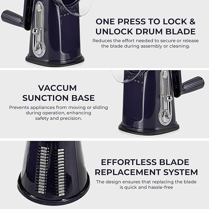 Chef Power Premium Quality 5 in 1 Cheese Grater Hand Crank - Stainless Steel Rotary Cheese Grater for Effortless Grating - Durable and Ergonomic Design for Professional and Home Use (Violet)