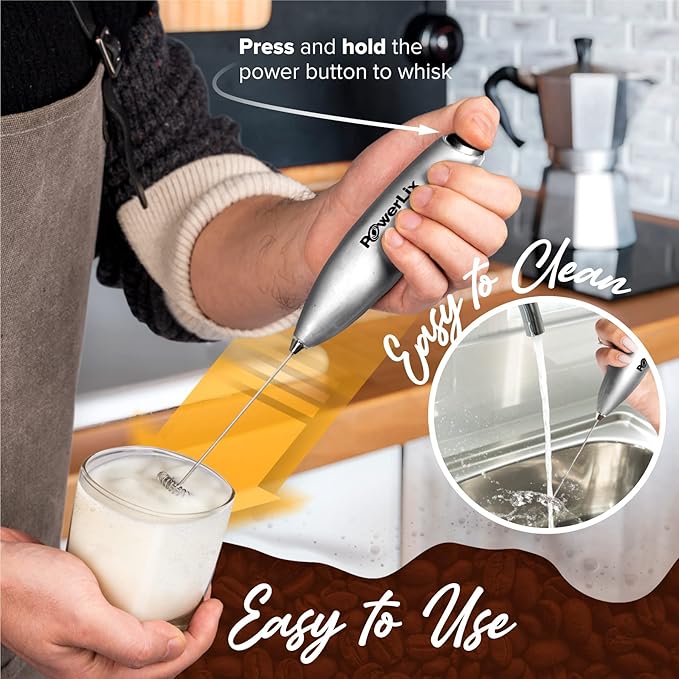 PowerLix Powerful Handheld Milk Frother With Stand Battery Operated Foam Maker Frother Wand For Coffee (A Black) (Silver)