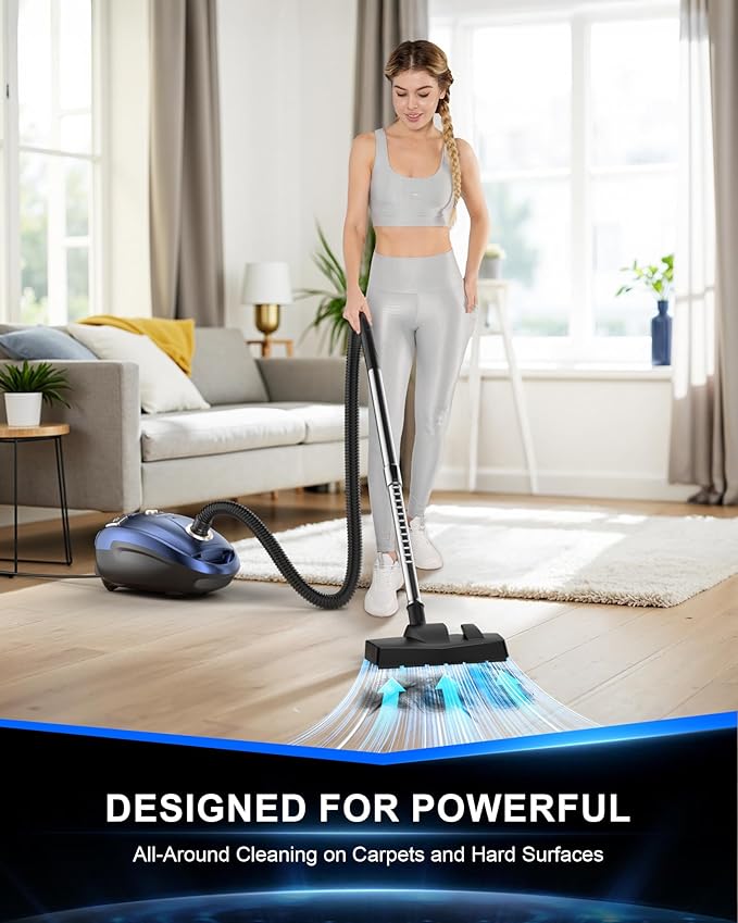 Bagged Canister Vacuum Cleaner,1400W Powerful High-Suction Bagged Canister Vac with 3.7QT Dust Bags,Pop-N-Go Brush,HEPA Filter,Dual Motors&4 Cleaning Tools,Perfect for Low-Pile Carpets&Hard Floors