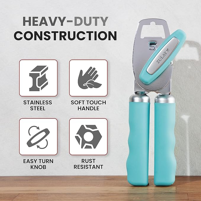 Zulay Kitchen Heavy Duty Stainless Steel Can Opener Manual with Bottle Opener - Rust Proof Manual Can Opener With Turn Knob & Comfy Soft Grip Handles - Teal
