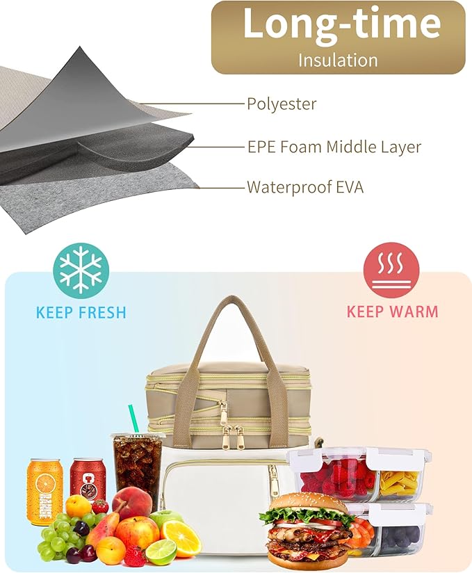 LOKASS Lunch Box for Women-Double Deck Insulated Adults Lunch Bag with Removable Shoulder Strap- Cute Wide Open Lunch Tote for Work/Office/Picnic/Beach/Travel (Brown)