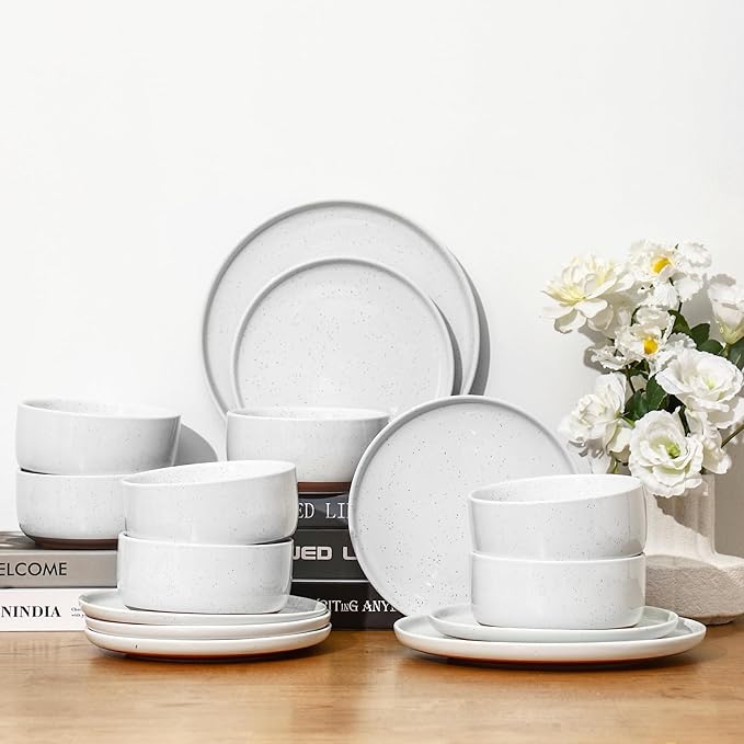GZG Ceramic Dinner Salad Plates Set of 4, 8 Inch Speckled Dinnerware Dessert Plates with Clay-Tone Base, Microwave Oven Dishwasher Safe