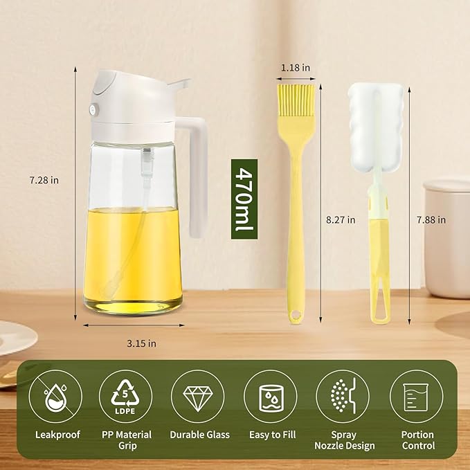 2pcs Oil Sprayer for Cooking, 16oz/470ml Oil Dispenser for Kitchen, 2 in 1 Olive Oil Dispenser Bottle for Kitchen Gadgets, Air Fryer, Salad, BBQ (Black, Ivory)