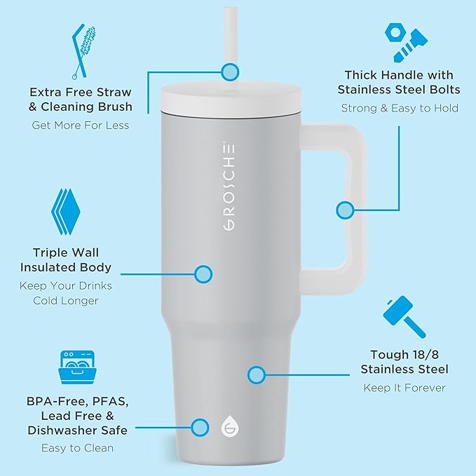 GROSCHE ASPEN 40 oz tumbler with handle and straw. Extreme insulation, classy design, built to last insulated stainless steel tumbler with handle, lid and straw - Lunar Grey