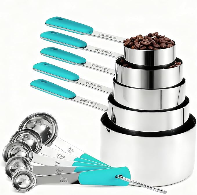 Measuring Cups and Spoons Set Stainless Steel 10 Piece for Cooking and Baking (5 Cups + 5 Spoons, Aqua Sky Handle)