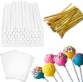 600PCS Christmas Cake Pop Sticks and Wrappers, Including 200pcs 6-inch Paper Lollipop Sticks, 200pcs Parcel Bags, 200pcs Gold Twist Ties for Lollipop, Candy, Chocolate, Marshmallows, and Fruit Skewers