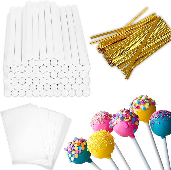 600PCS Christmas Cake Pop Sticks and Wrappers, Including 200pcs 6-inch Paper Lollipop Sticks, 200pcs Parcel Bags, 200pcs Gold Twist Ties for Lollipop, Candy, Chocolate, Marshmallows, and Fruit Skewers