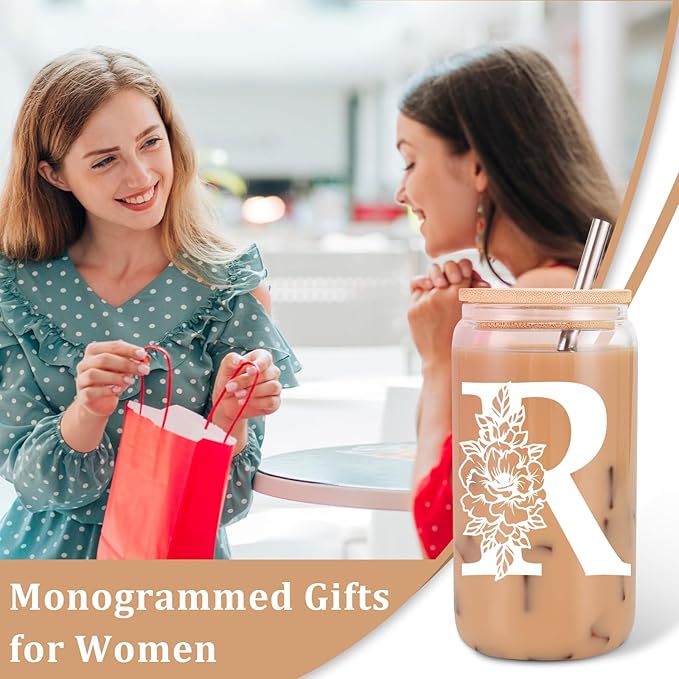 Coolife Initial Glass Cup, Monogrammed Gifts for Women, 16 oz Glass Cups w/Lids Straws, Iced Coffee Smoothie Beer Tumbler w/Straw Lid - Personalized Christmas, Birthday Gifts for Her Mom Friend Woman