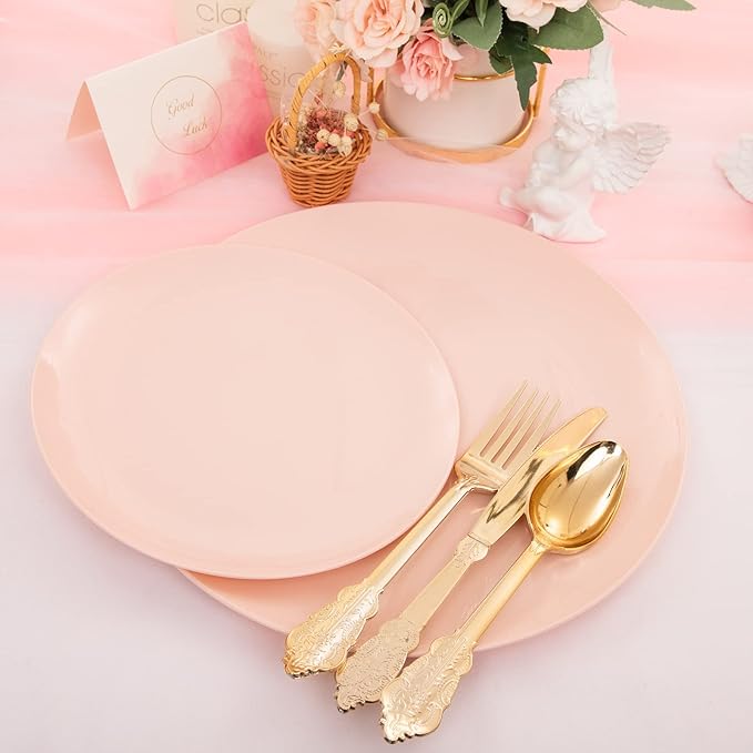 KIRE 60PCS Pink Plastic Plates Disposable - Heavy Duty Pink Plates for Party - Include 30Pieces 10.25inch for Dinner and 30Pieces 7.5inch for Dessert Salad