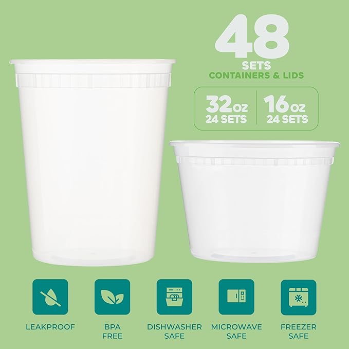 JoyServe Deli Food Storage Containers with Lids - (48 Sets) 24-32 Oz Quart Size & 24-16 Oz Pint Size Plastic Airtight Takeout Meal Prep Storage, BPA-Free, Dishwasher, Microwave Safe
