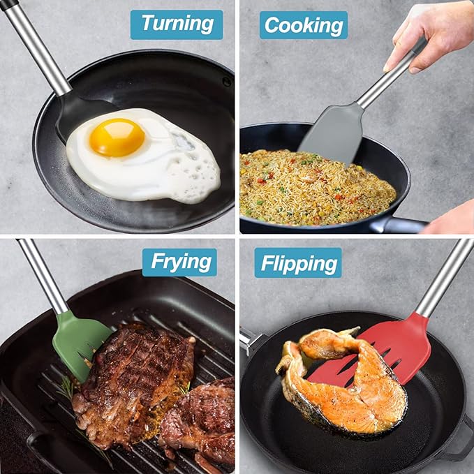 2 Pack Spatulas, Solid & Slotted Silicone Spatula Set, Stainless Steel Handle Coated with Silicone, Non Stick Turners, Heat Resistant Rubber Spatulas for Fish, Eggs, Pancakes, WOK, Teal
