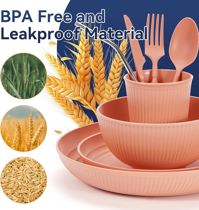 Wheat Straw Dinnerware Sets,64-Piece Beige Plates and Bowls Sets for 8-Unbreakable,Reusable Plastic Dish Set-Dinner Plate/Dessert Plate/Cereal Bowl/Cup/Utensils-Microwavable Dishwasher Safe 64P-Beige