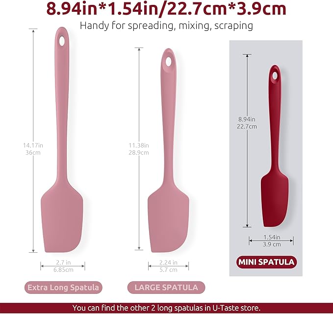 U-Taste Small Mini Silicone Spatula: 9×2inch 600ºF Heat-Resistant Food-Grade Jar Scraper for Kitchen Use, Non-Stick Seamless Flexible Baking Utensil for Mixing, Scraping Jam in Bowl or Cup (Red)