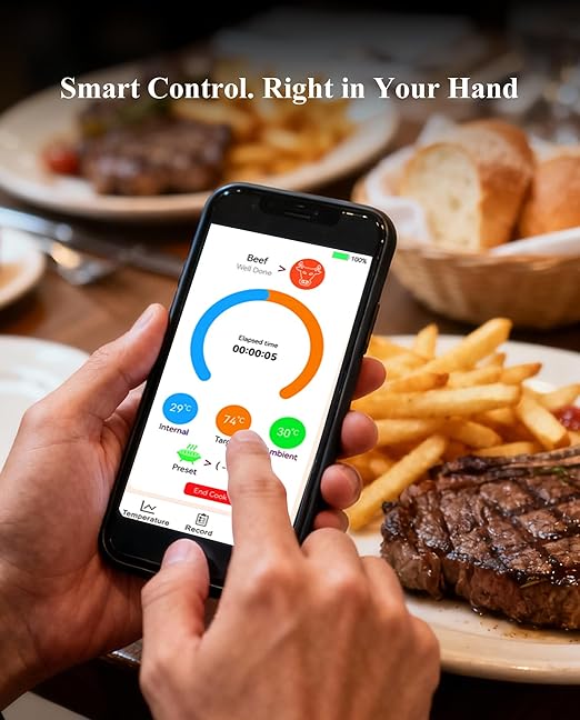 Wisebee Meat Thermometer Digital Wireless,328FT Smart Bluetooth Probe Waterproof Thermometer with Remote Monitoring| Real-Time Readings| Rechargeable LCD Booster| Dual Alarm| App Controlled| Cooking