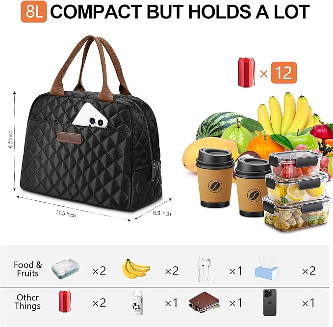 LOKASS Lunch Bag for Women/Men-Insulated Adults Lunch Box with Front Pocket- Small Cute Lunch Tote for Work-Reusable Cooler Bag for Office Picnic Beach or Travel