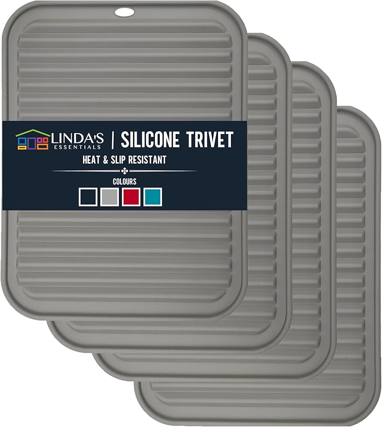 Silicone Trivets for Hot Dishes, Pots, Pans (4 Pack) - Heat-Resistant Pot Holders for Kitchen Countertop Mats - Silicone Trivet Mat (9 x 12 Inch) - Multipurpose Counter Pads (Grey)