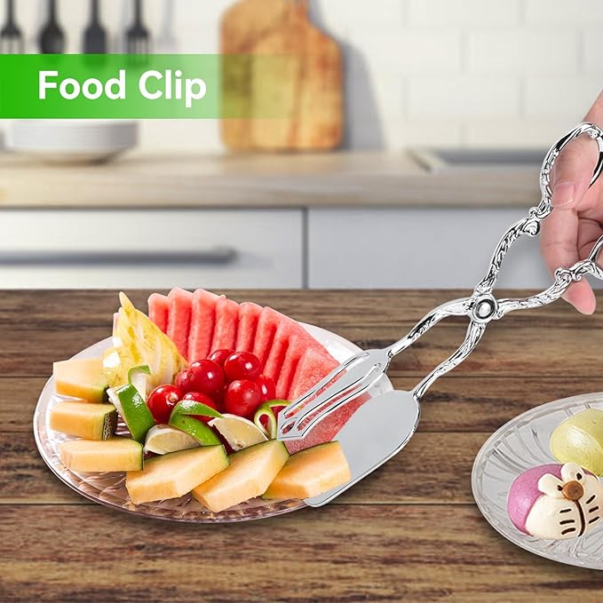 9in Vintage Salad Tong for Serving, Zinc Alloy Silver Food Serving Tongs Salad Steak Clip Buffet Tongs for Buffet Catering Bread BBQ, 8.5x4.5in