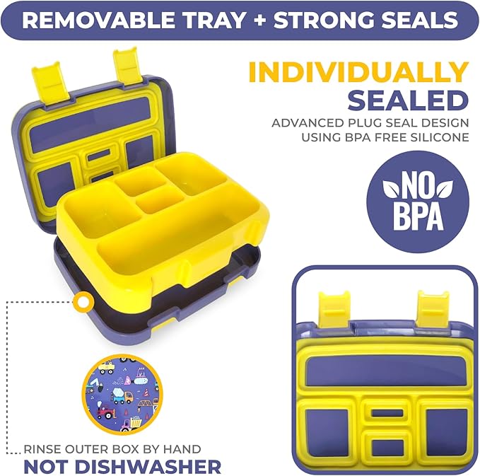 kinsho Bento Lunch Box for Kids Toddlers Boys, 5 Portion Sections Secure Lid, Microwave Safe BPA Free Removable Tray, Pre-School Kid Daycare Lunches Snack Container Ages 3 to 5, Blue Yellow Trucks
