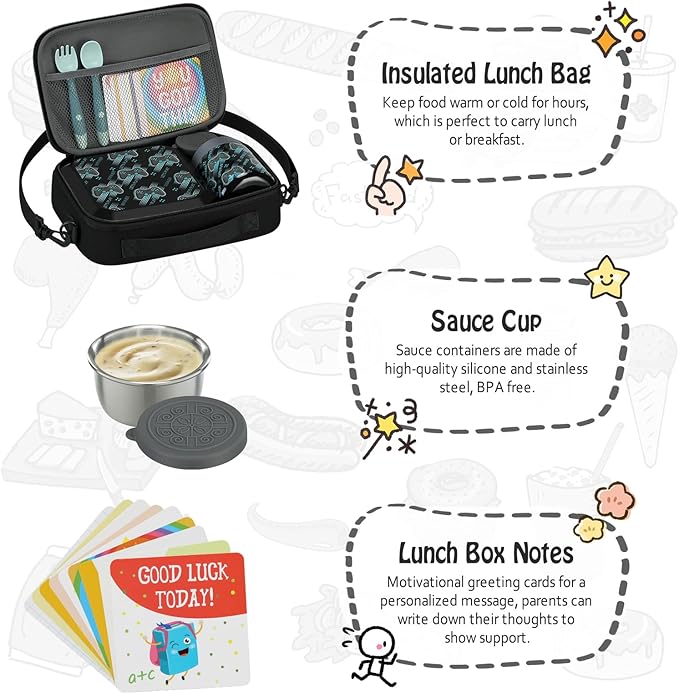 Itslife Bento Lunch Box Set for Kids with 12oz Soup Thermo&Lunch Bag, Leak-Proof Lunch Food Containers for Kids School, 5 Compartment, Sauce Cup, 10 Notes (Dinosaurs Black)