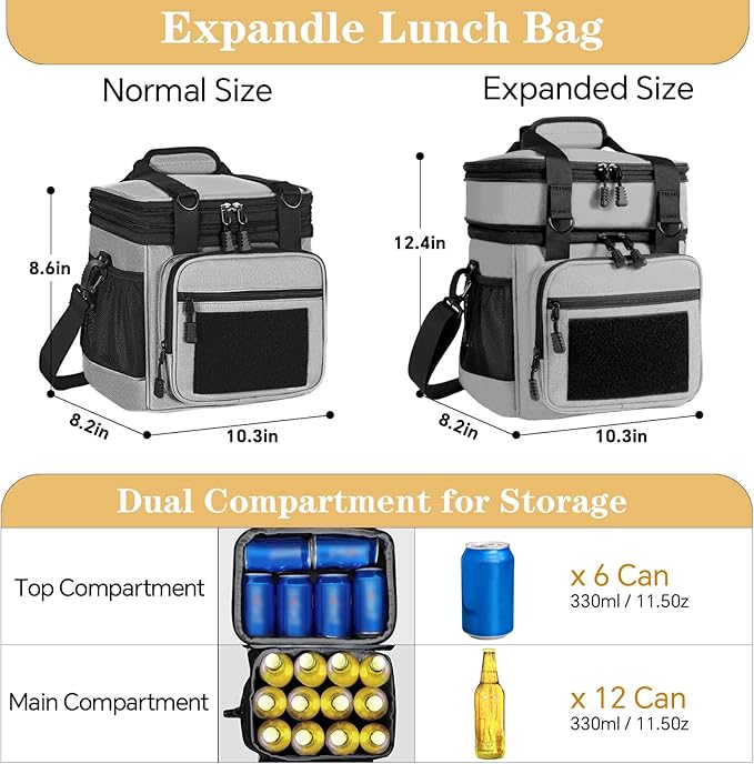 GLENKEY Double Deck Insulated Lunch Box, Expandable Large Lunch Bag Leakproof Cooler Bag Lunch Pail for Men Women Adults Work Shifts Travel Daytrip, Grey,16L