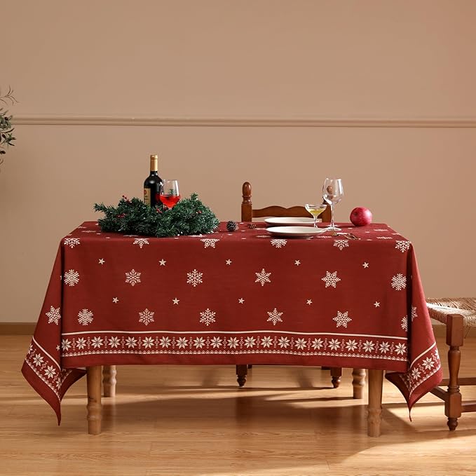ISAENNE Designer Christmas Red Long Rectangular Tablecloth,Linen Table Cloth with Snowflakes Pattern,Wrinkle Resistant Decor Tablecloths for Dining Kitchen Thanksgiving Christmas,63"*102"-Carol C