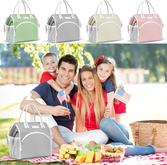 LOKASS Lunch Bag Women Insulated Lunch Box Wide-Open Lunch Tote Bag Large Waterproof Cooler Bag for Work Picnic Hiking Beach（Gray）