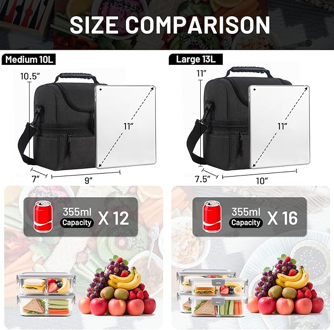 MIER Adult Lunch Box Insulated Lunch Bag Large Cooler Tote Bag for Men, Women, Double Deck Cooler (Dark Grey, Large)