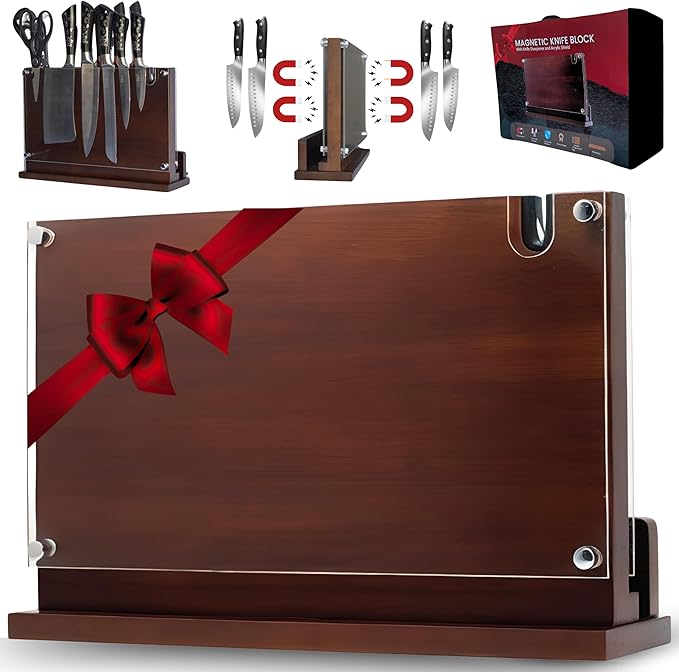 Magnetic Knife Holder Stand 14 x 10 Inches Extra Large Size with Knife Sharpener Wooden Double Sided Magnetic Knife Block Rack for Kitchen Counter with Cutting Board Slot & Acrylic, Sturdy & Durable