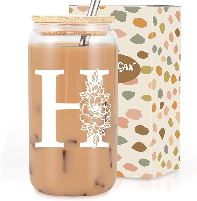 Coolife Initial Glass Cup, Monogrammed Gifts for Women, 16 oz Glass Cups w/Lids Straws, Iced Coffee Smoothie Beer Tumbler w/Straw Lid - Personalized Christmas, Birthday Gifts for Her Mom Friend Woman