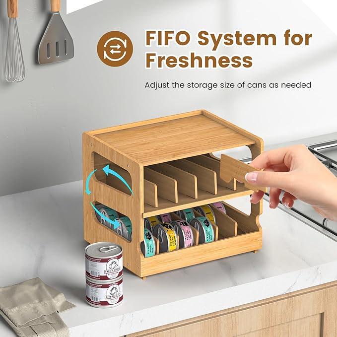 Teamkio Can Organizer for Pantry, Bamboo Pantry Organizer, 2 Tier Stackable Can Storage Rack Ideal for 36 Human and Pet Food Cans(FIFO)