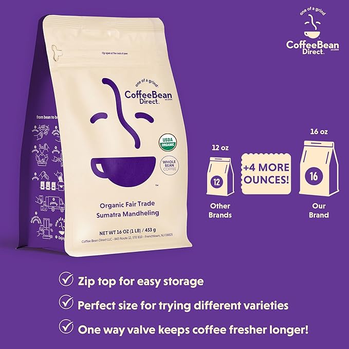 Coffee Bean Direct Organic Fair Trade Sumatra Mandheling, Whole Bean Coffee, Light Roast, 1 Pound Bag (Pack of 1)