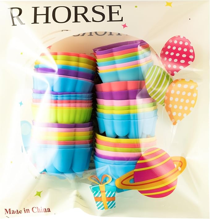 R HORSE Mini Silicone Cupcake Molds - 42Pcs 2 Inch Muti-color Flower-shaped Baking Cups, Reusable Non-Stick Muffin Baking Cups Cupcake Wrappers for Pudding Dessert Donut Oven Dishwasher Microwave Safe
