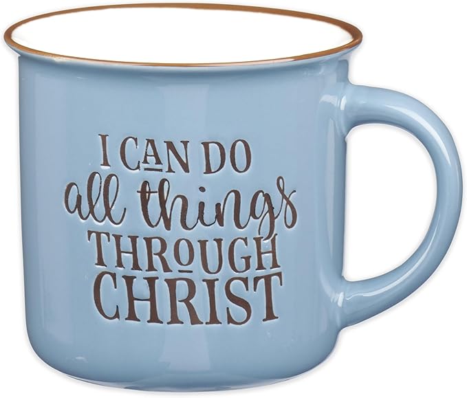 Christian Art Gifts Blue Camp Style Ceramic Coffee Mug – 13 oz. Microwave and Dishwasher Safe Inspirational Scripture Coffee & Tea Mug with Bible Verse: I Can Do All Things Through Christ – Phil. 4:13