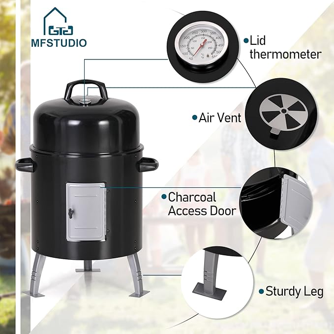 MFSTUDIO 17" Vertical Charcoal Smoker with Thermometer, Integrated Metal Grill Chamber Less Smoke Leak & Heat Loss,Black