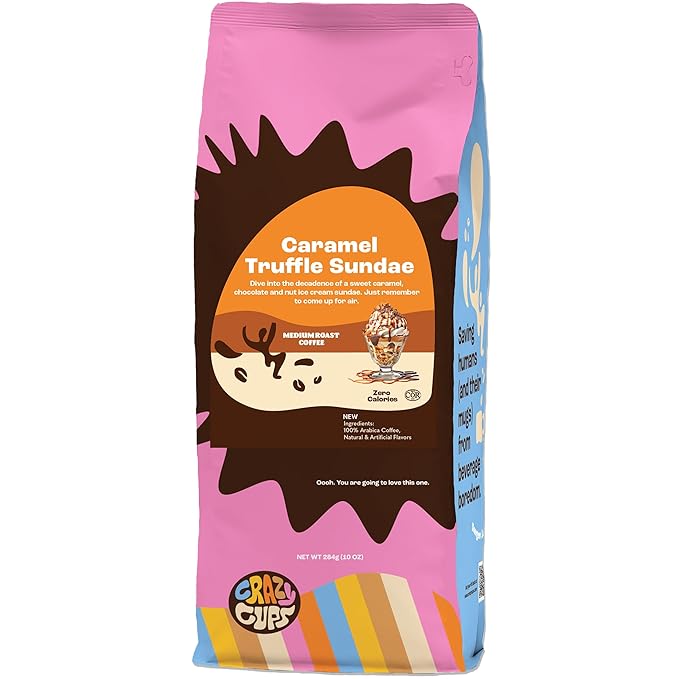Crazy Cups Flavored Ground Coffee, Caramel Truffle Sundae Coffee, For Brewing Flavored Hot or Iced Caramel Coffee, 10oz(Pack of 1)