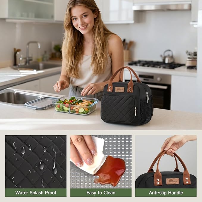 HOMESPON Lunch Bag for Woman Man Adults with Front Pocket Insulated Lunch Tote Lunch Box Container for Work Picnic or Travel(Black Side Pockets)