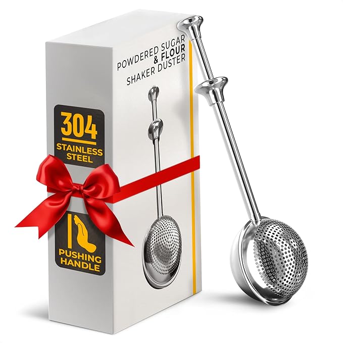 Flour Shaker Duster – 304 Stainless Steel Flour Duster for Bread Baking with Spring Handle – Cocoa, Cinnamon, Spices & Powdered Sugar Shaker Duster with One-Handed Operation | Dishwasher Safe