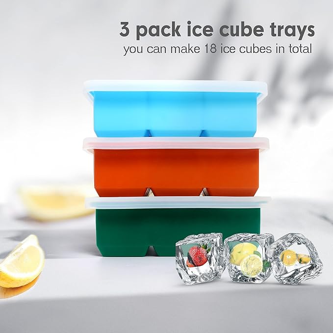 Silicone Ice Cube Trays 3 Pack - Large Size Silicone Ice Cube Molds with Leak Proof Removable Lid Square Ice Cube Tray And BPA Free for Cocktail,Whiskey, Stackable Flexible Ice