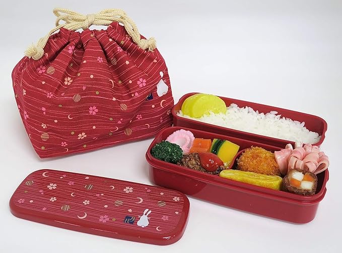OSK Japanese Traditional Rabbit Moon Bento Box Set, PW-28C Renewal Version, Microwave-safe, Dishwasher-safe, Chopsticks, Bento Bag, Red
