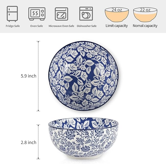 Selamica Ceramic Cereal Bowls Set of 6, 24 Oz Deep Soup Bowls for Kitchen, 5.9 Inch Porcelain Dessert Bowls for Salad, Pasta, Oatmeal, Ramen, Microwave Dishwasher Safe, Set of 6, Vintage Blue