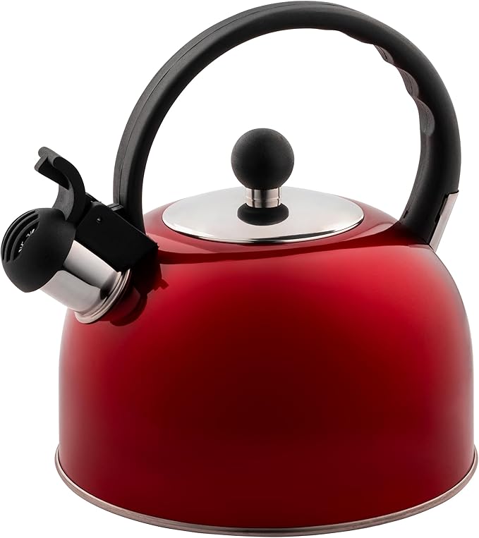 Venoly 2.5 Liter Whistling Tea Kettle - Modern Stainless Steel Whistling Tea Pot for Stovetop Hot Water Boiler with Cool Grip Ergonomic Handle (Wine Red, 2.5 Liter)
