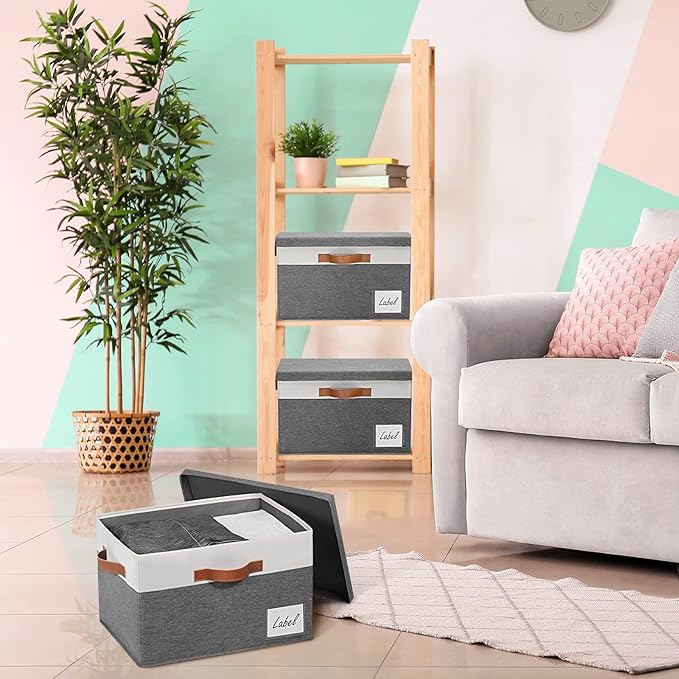 GhvyenntteS Storage Bins with Lids 3 Pack, Large Storage Baskets with Lids and Label, Foldable Fabric Storage Boxes with 3 PU Handles for Organizing Shelves Home Nursery Office (Grey, 15x11x9.6)