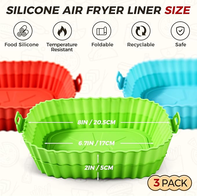 Buauty 3 Pack Air Fryer Silicone Liners 8inch, Reusable Food Grade Silicone Airfryer Liners, Baking Basket Accessories, Replacement of Flammable Disposable Parchment Paper