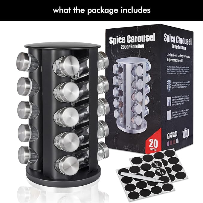 Baker Boutique Spice Rack, Spice Organizer for Countertop, Empty 20-Jars Rotating Rack, Spinning flavoring Rack Shelf, Revolving rack for Kitchen (Black)