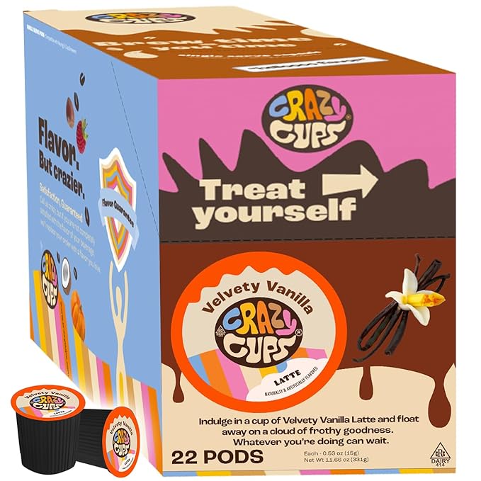 Crazy Cups Velvety Vanilla Latte Pods - Single Serve for Keurig K Cup Brewers, 22 Count
