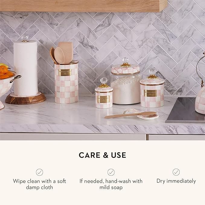 MACKENZIE-CHILDS Rosy Check Enamel Canister, Pink-and-White Kitchen Storage Container with Lid, Demi