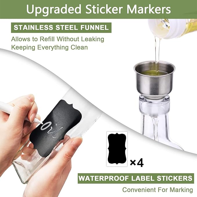 Olive Oil Dispenser Bottle, 2 Pcs Glass Olive Oil Dispenser and Vinegar Dispenser Set with 2 Stainless Steel Pourers, 4 Labels,1 Brush and 1 Funnel Oil Bottles for Kitchen (500ml)
